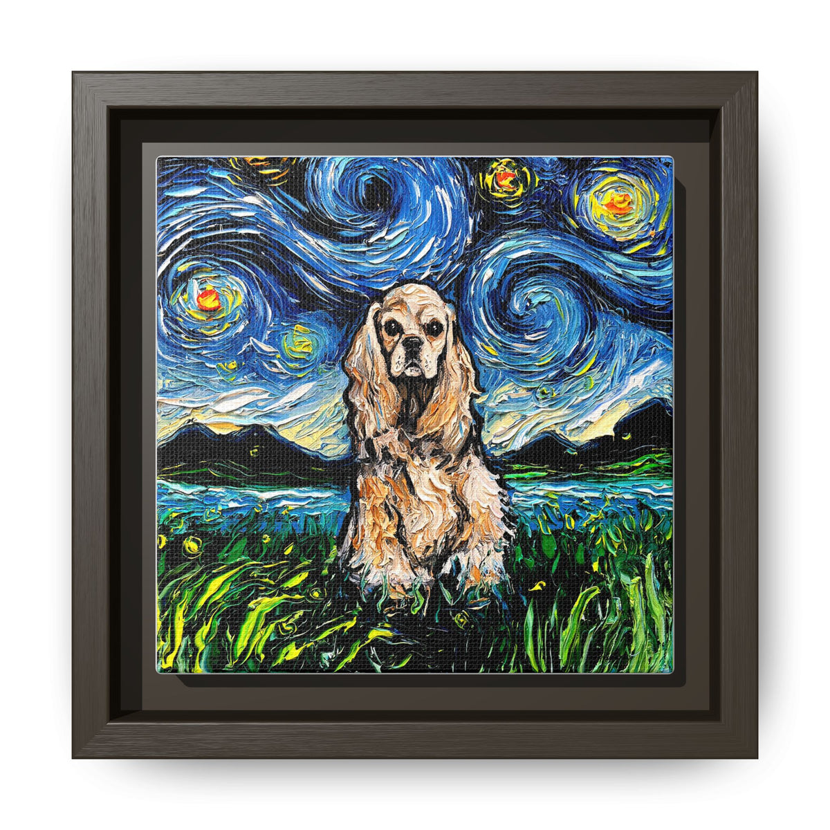 "Buff American Cocker Spaniel Night" Framed Canvas Wall Art