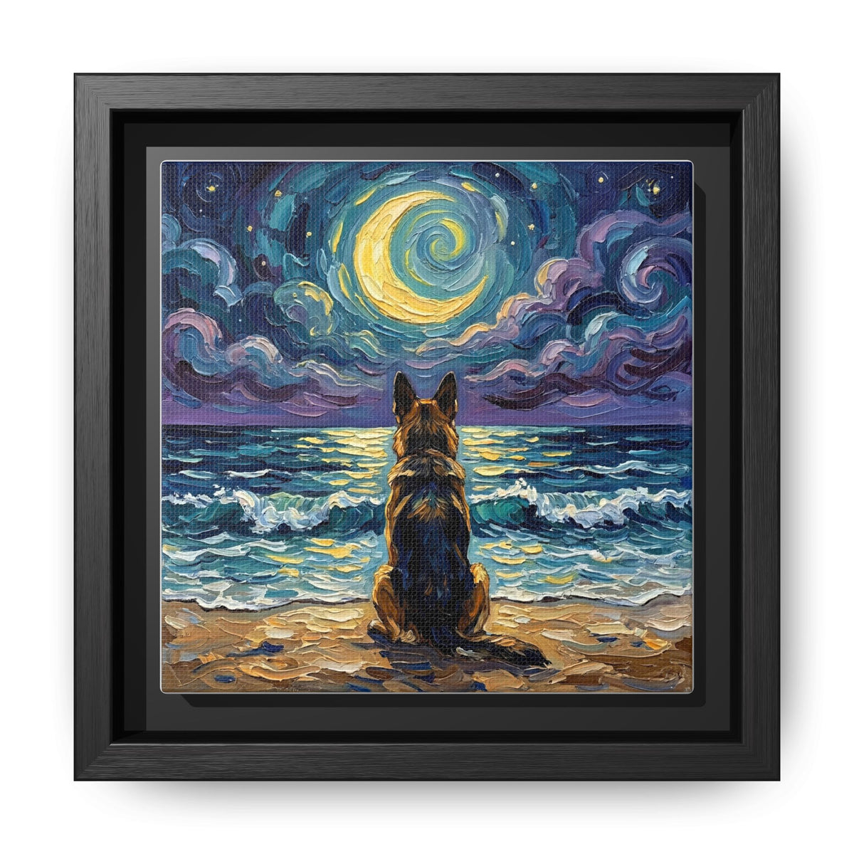 "Beach Night - German Shepherd" Framed Canvas Wall Art