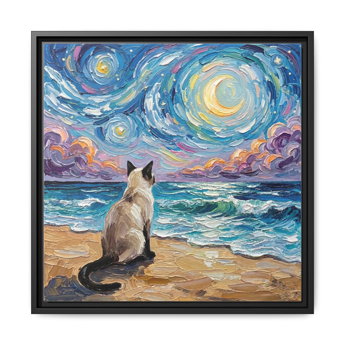 "Beach Night - Siamese Cat" Framed Canvas Wall Art