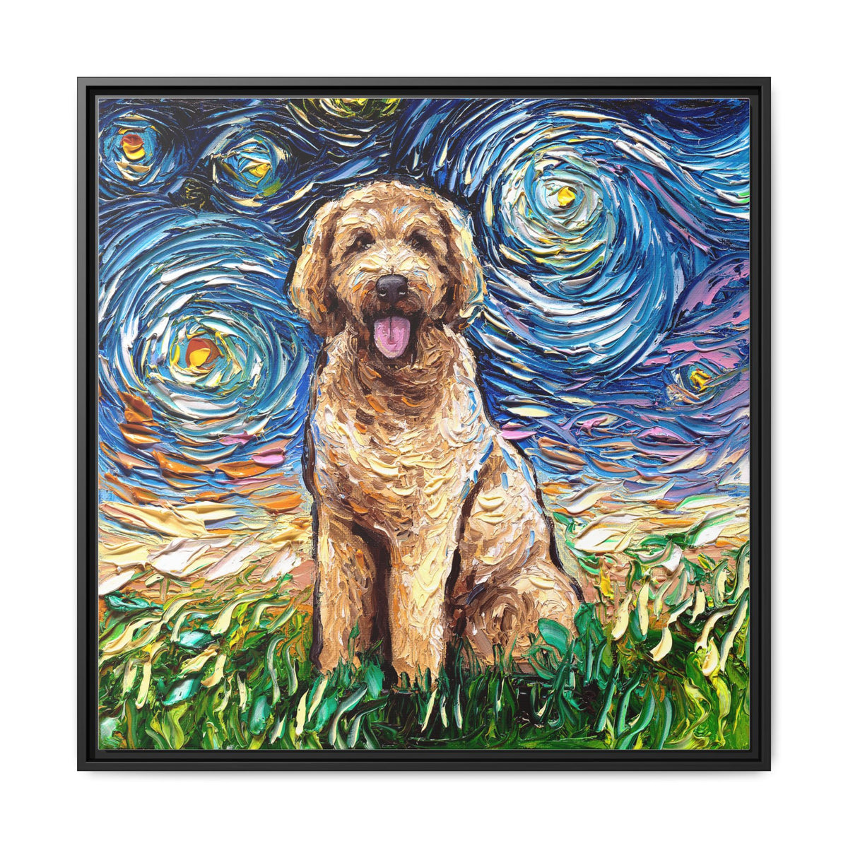 "Goldendoodle Night" Framed Canvas Wall Art
