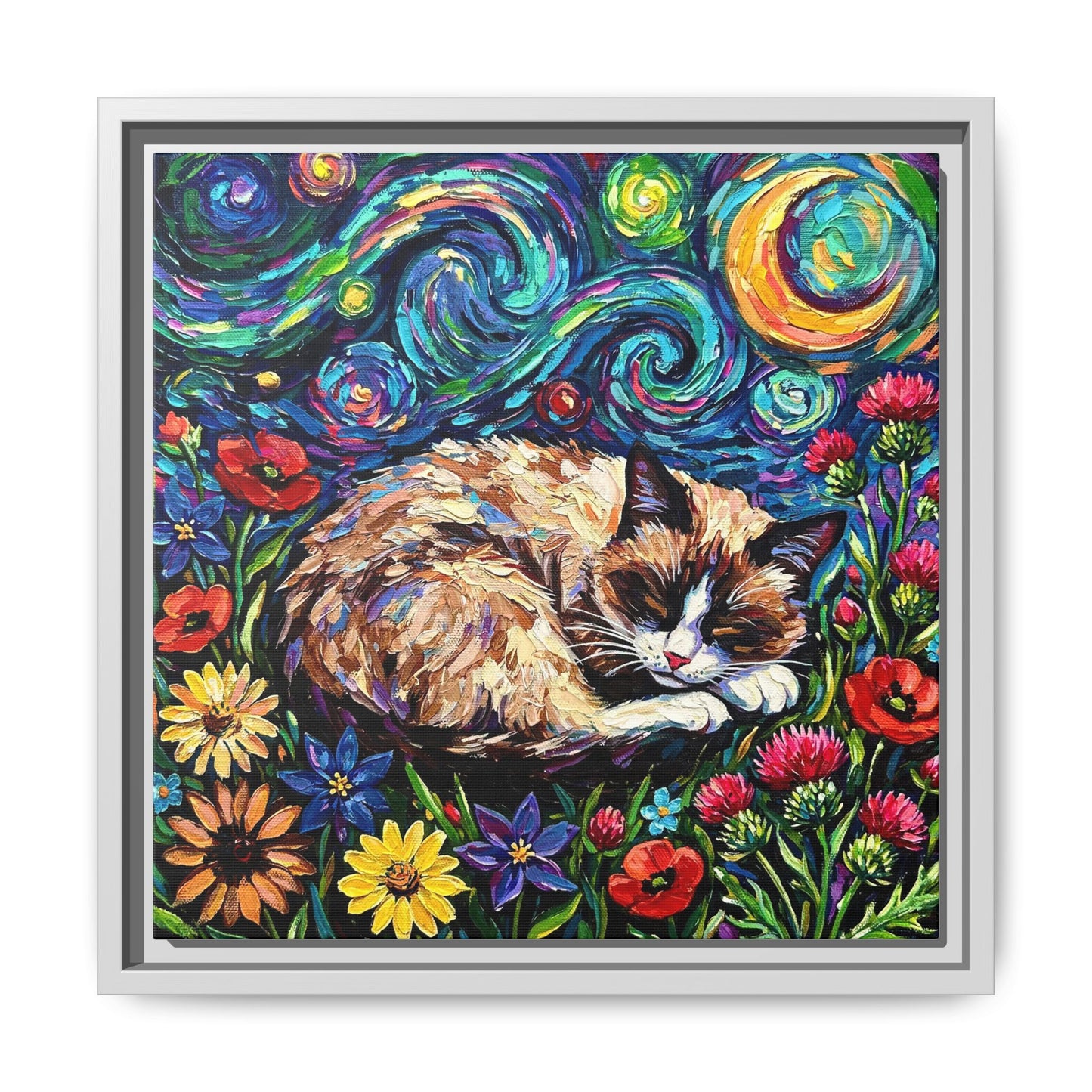 "Sleepy Snowshoe Cat Night" Framed Canvas Wall Art