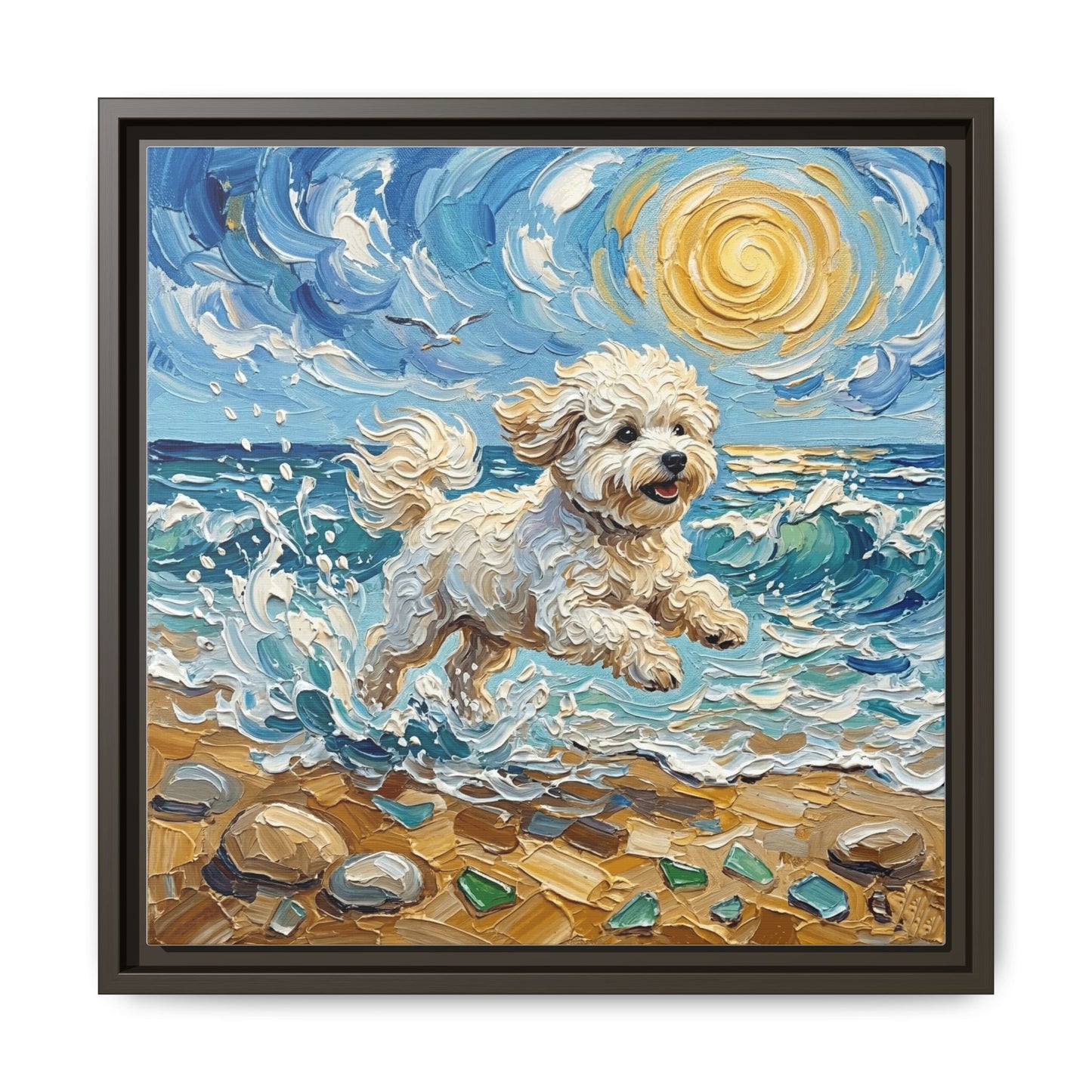 "Beach Day - Bichon Frise" Framed Canvas Wall Art