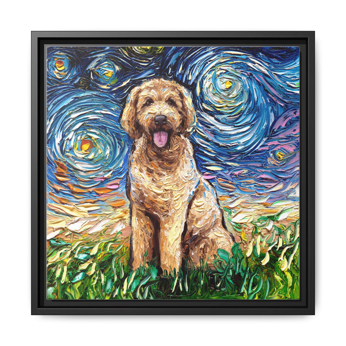 "Goldendoodle Night" Framed Canvas Wall Art