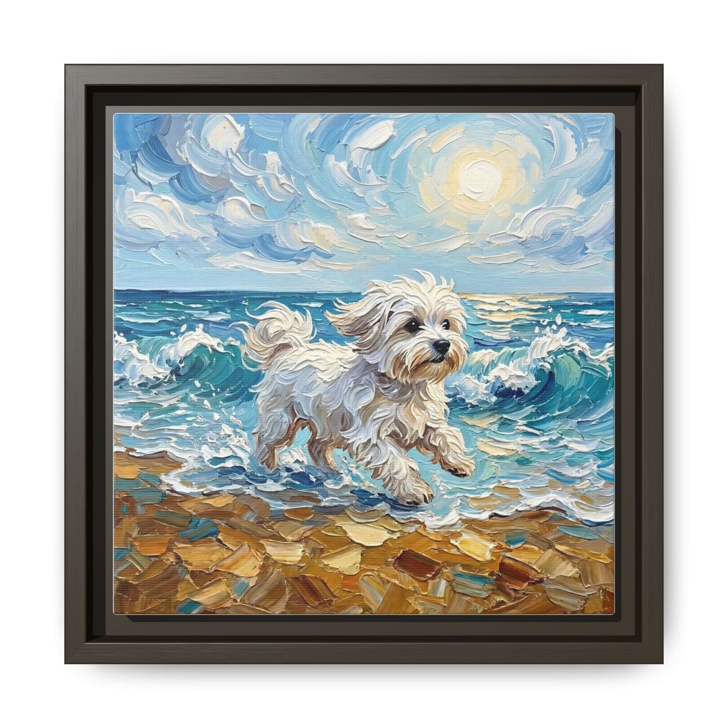 "Beach Day - Maltese" Framed Canvas Wall Art