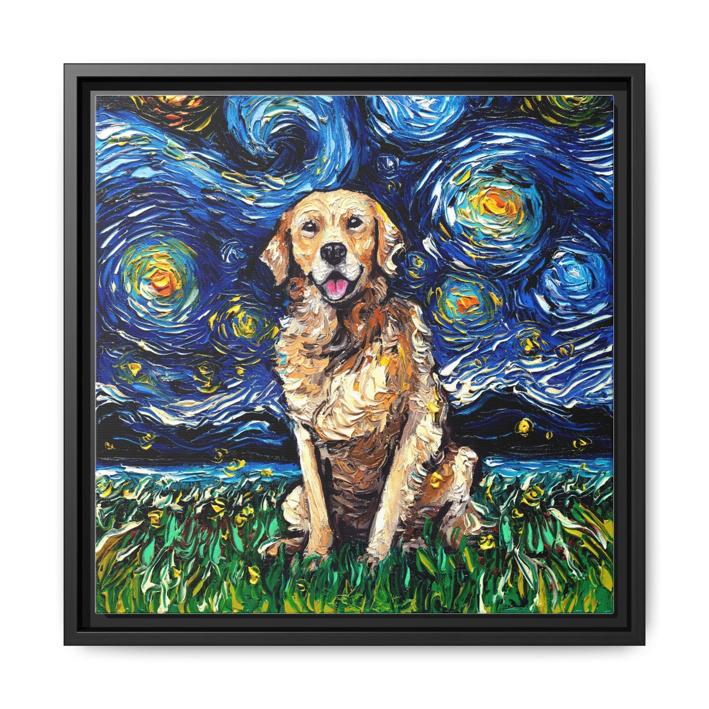 "Golden Retriever Night" Framed Canvas Wall Art