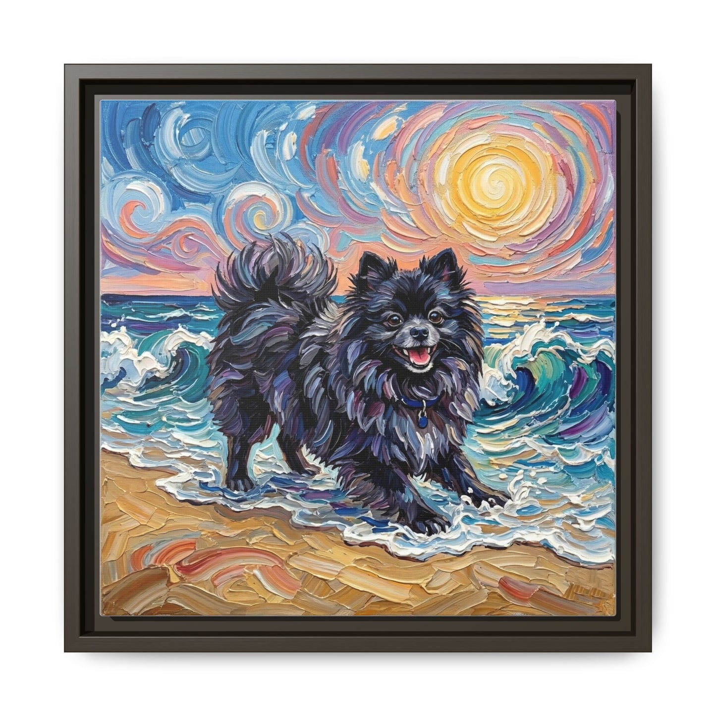 "Beach Day - Black Pomeranian" Framed Canvas Wall Art