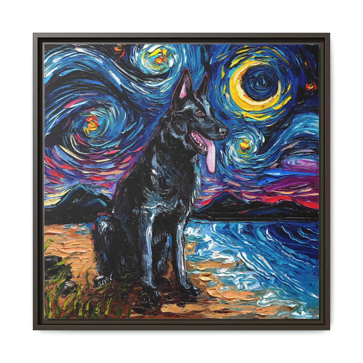 "Black German Shepherd Night" Framed Canvas Wall Art
