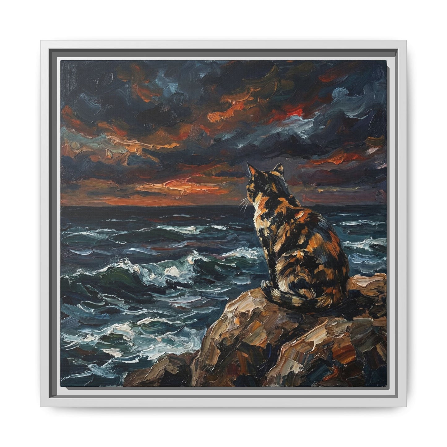 "Beach Night - Tortie Cat" Framed Canvas Wall Art