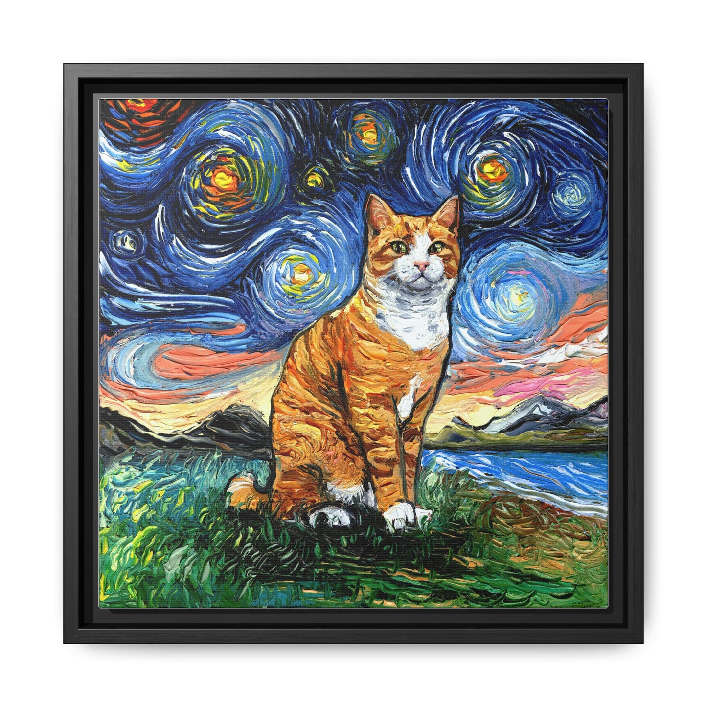 "Orange Tuxedo Tabby Night" Framed Canvas Wall Art
