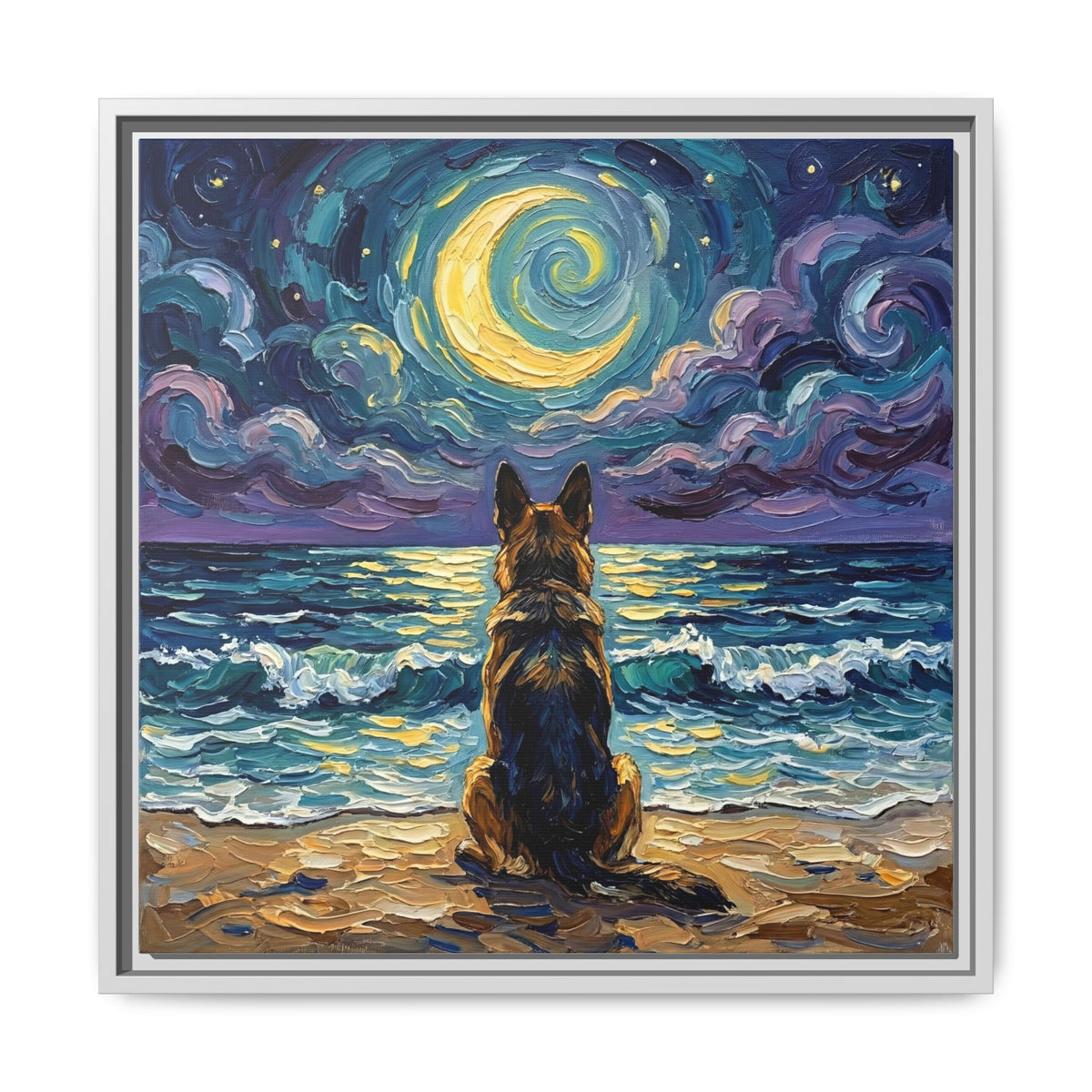 "Beach Night - German Shepherd" Framed Canvas Wall Art