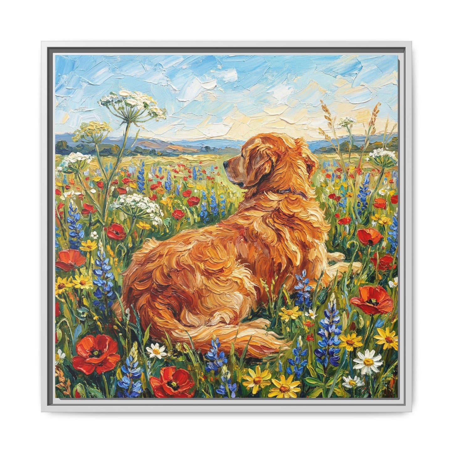 "Amongst The Flowers - Golden Retriever" Framed Canvas Wall Art