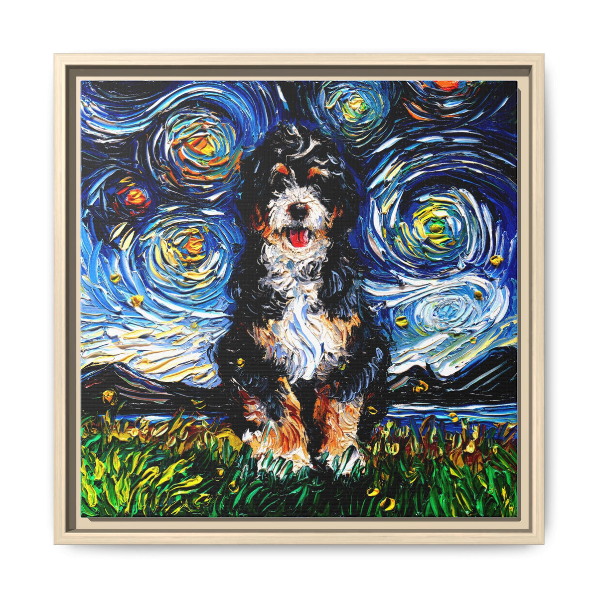 "Bernedoodle Night" Framed Canvas Wall Art