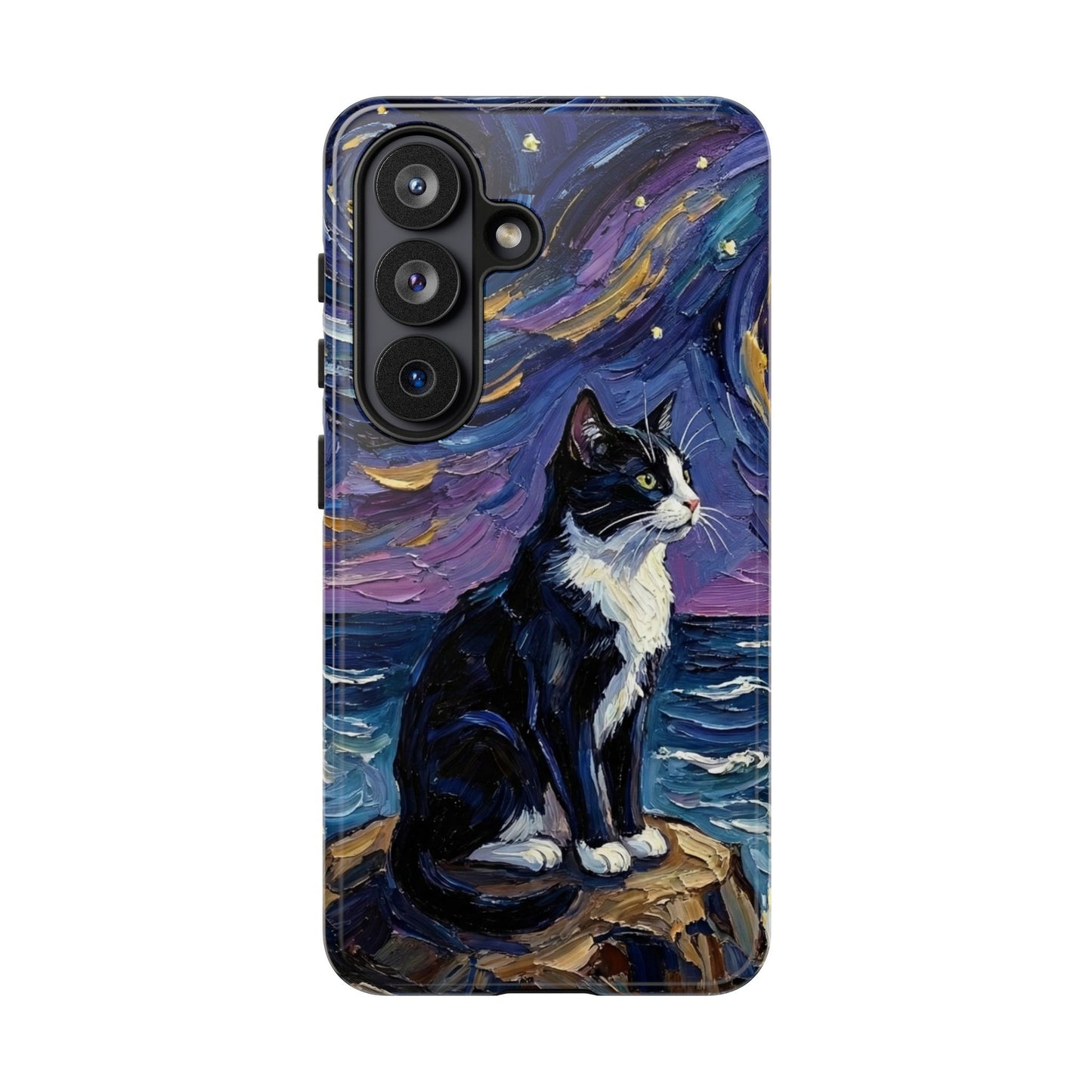 Tuxedo Cat Coastal Starry Night Art Phone Case