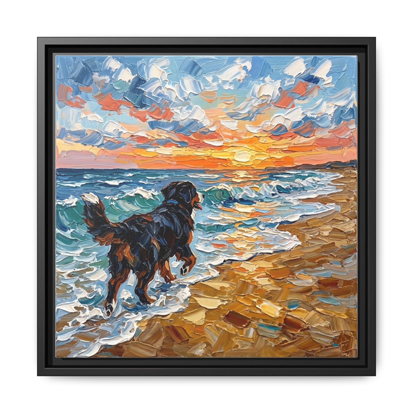 "Beach Day - Frolicking Bernese Mountain Dog" Framed Canvas Wall Art