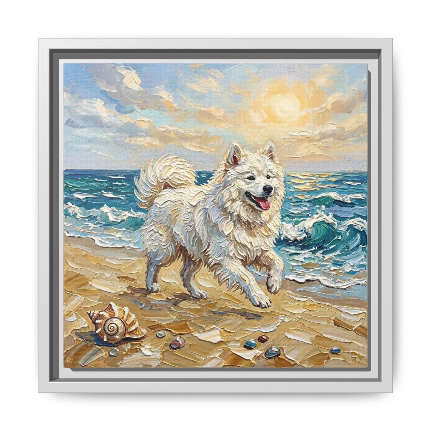 "Beach Day - Samoyed" Framed Canvas Wall Art