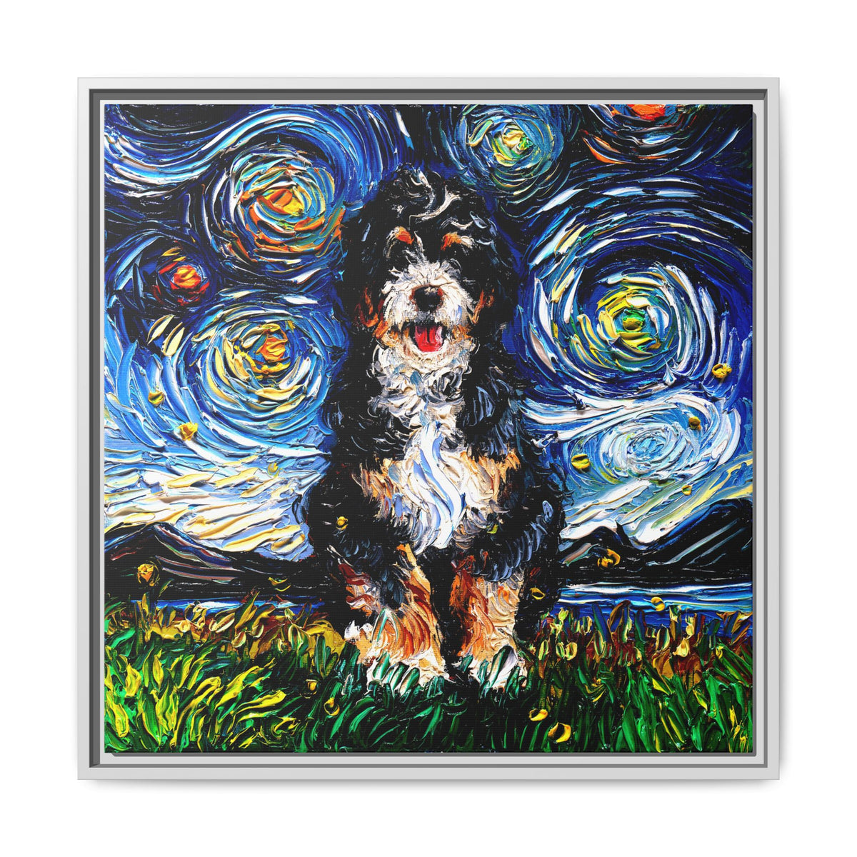 "Bernedoodle Night" Framed Canvas Wall Art