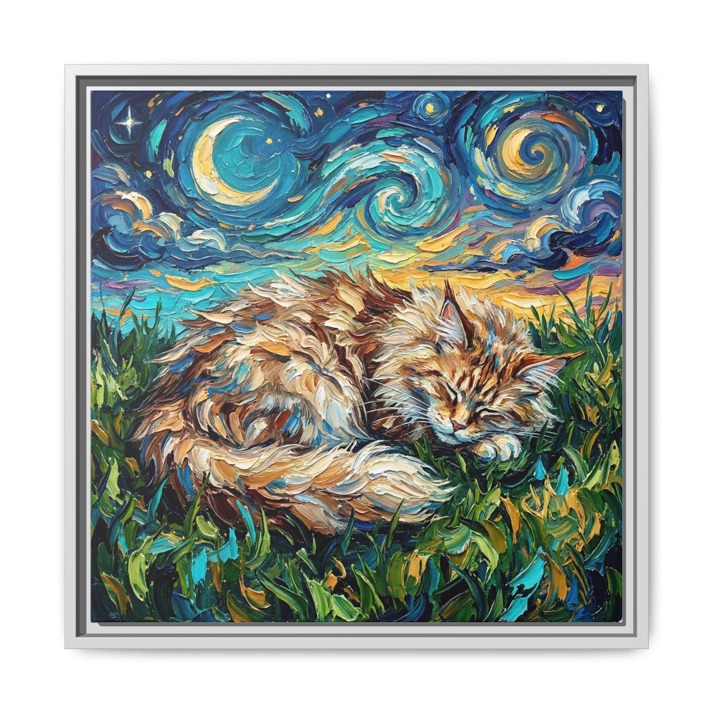 "Sleepy Maine Coon Night" Framed Canvas Wall Art
