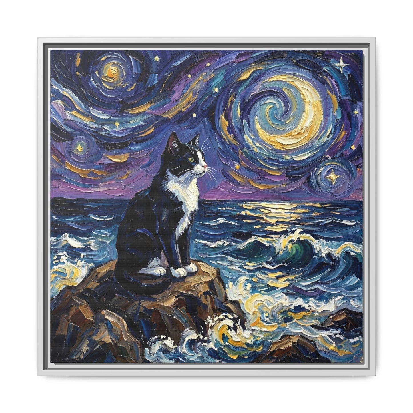 "Beach Night - Tuxedo Cat" Framed Canvas Wall Art