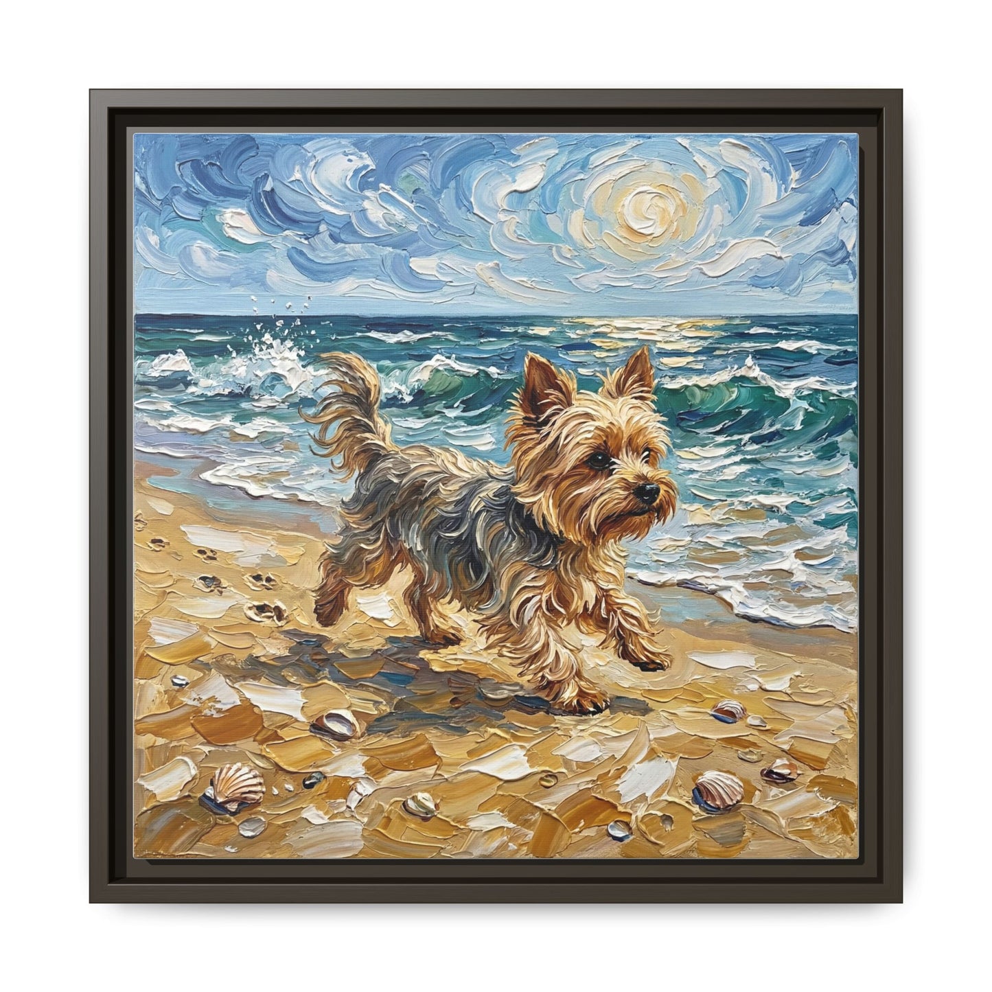 "Beach Day - Yorkie" Framed Canvas Wall Art