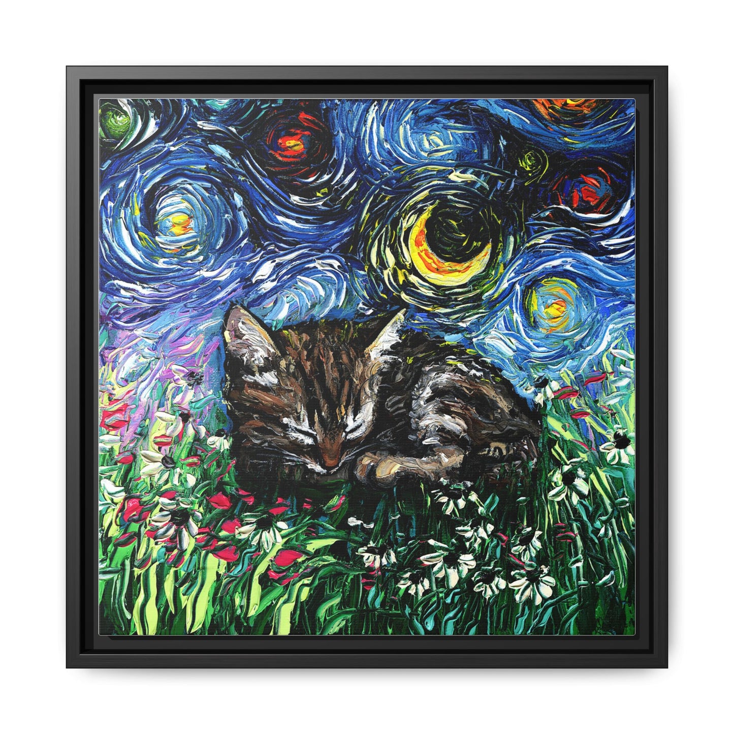 "Sleepy Tabby Kitten Night" Framed Canvas Wall Art