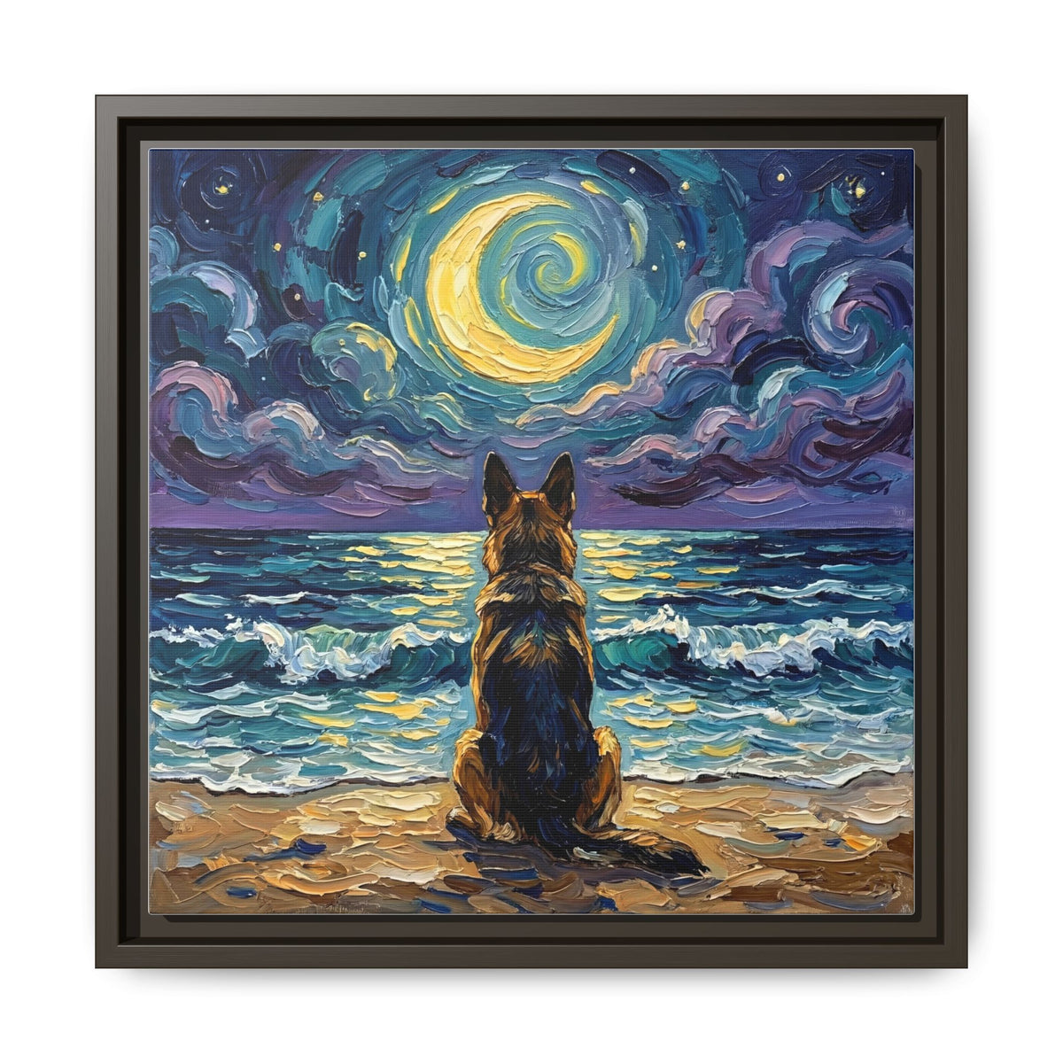 "Beach Night - German Shepherd" Framed Canvas Wall Art