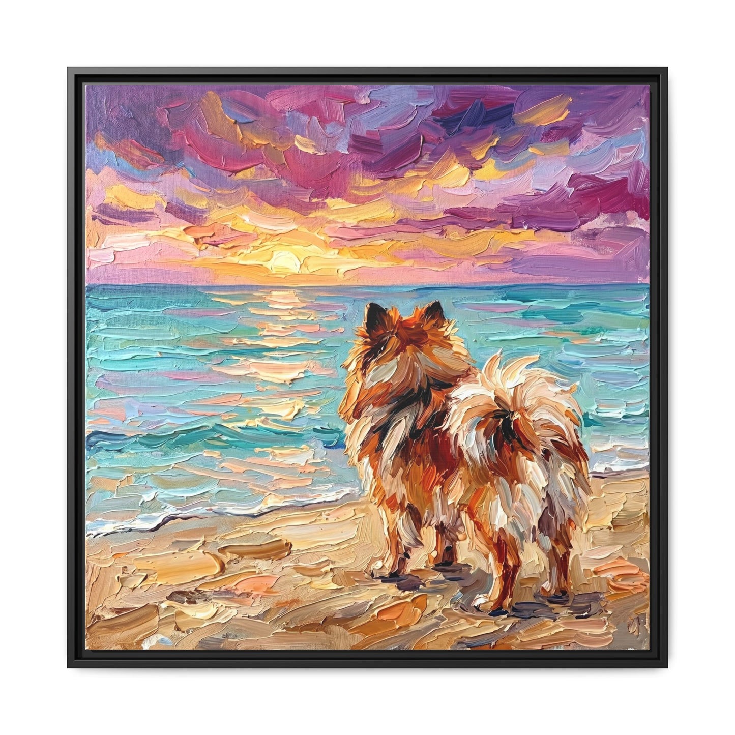 "Beach Sunset - Pomeranian" Framed Canvas Wall Art