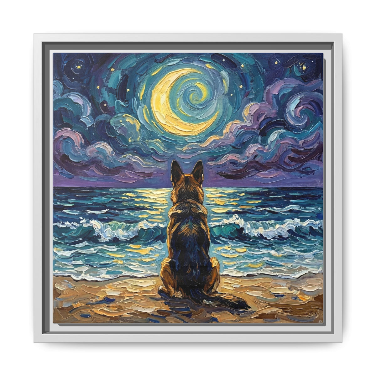 "Beach Night - German Shepherd" Framed Canvas Wall Art