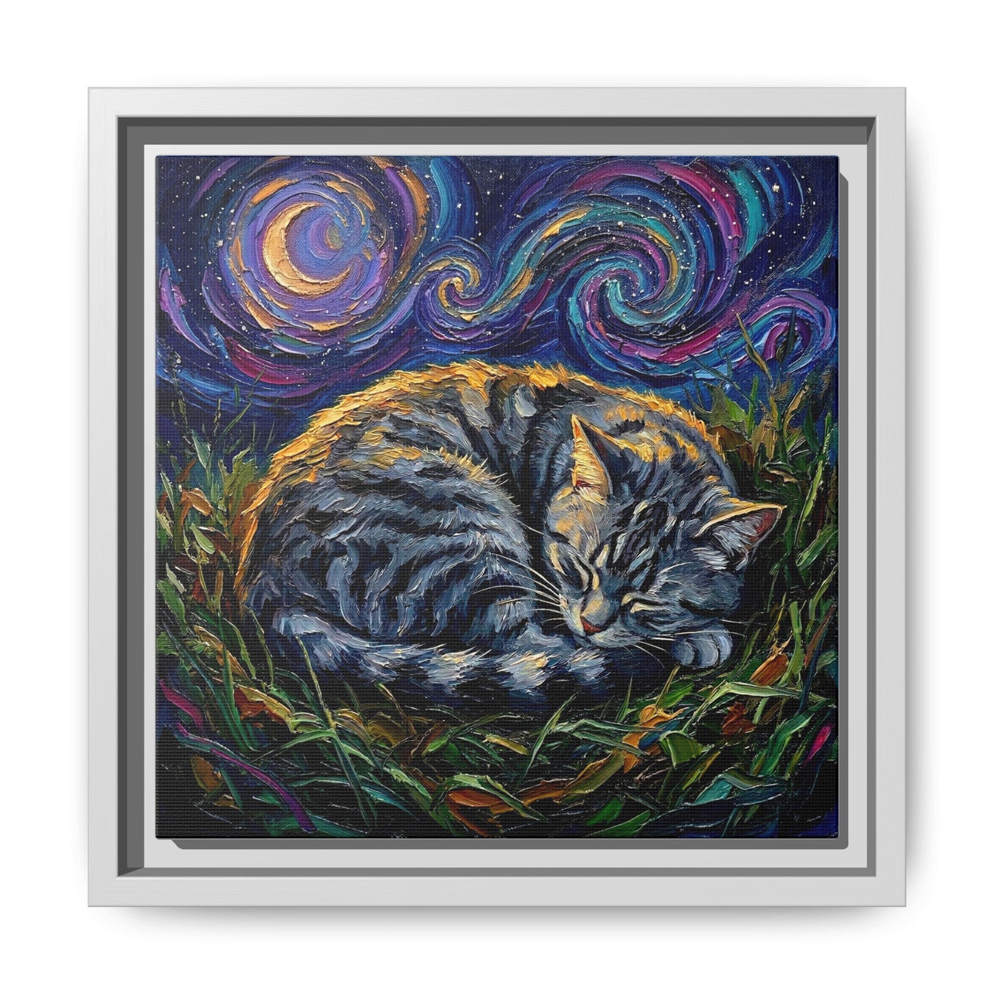"Sleepy American Shorthair Tabby Night" Framed Canvas Wall Art