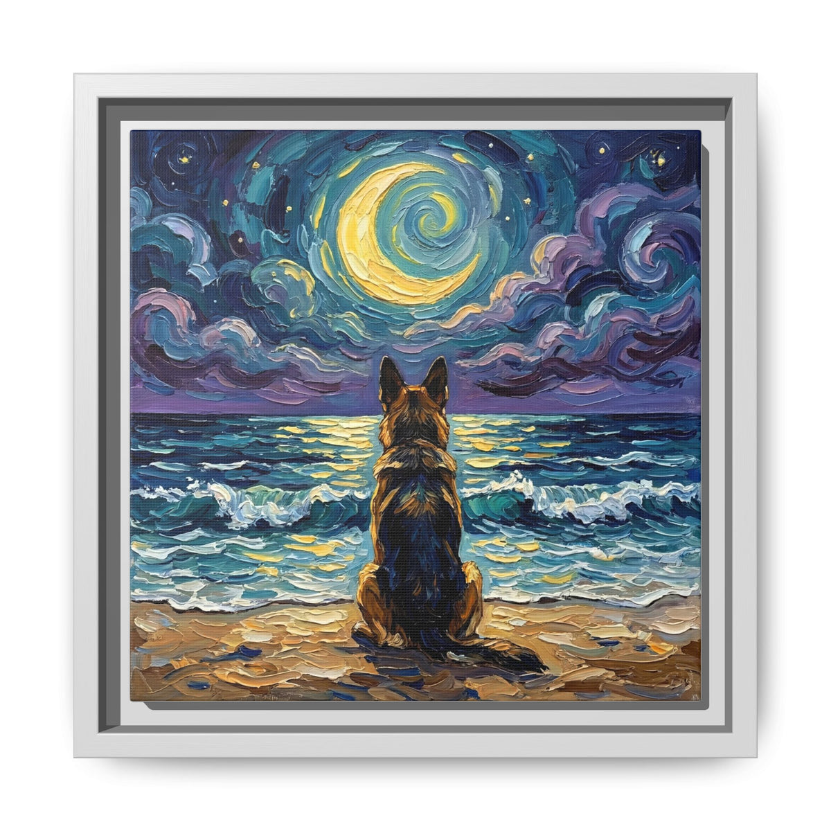 "Beach Night - German Shepherd" Framed Canvas Wall Art