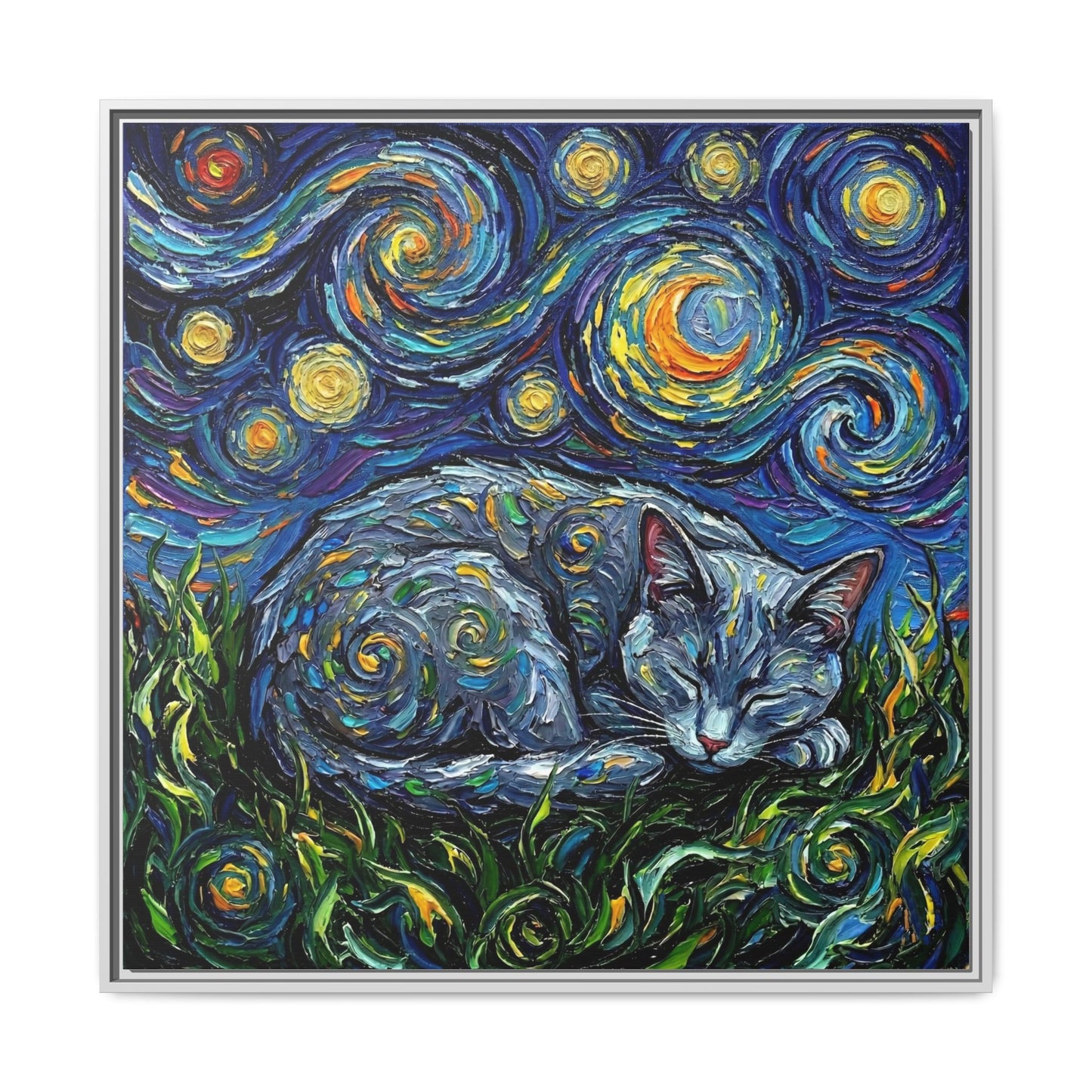 "Sleepy Korat Cat Night" Framed Canvas Wall Art