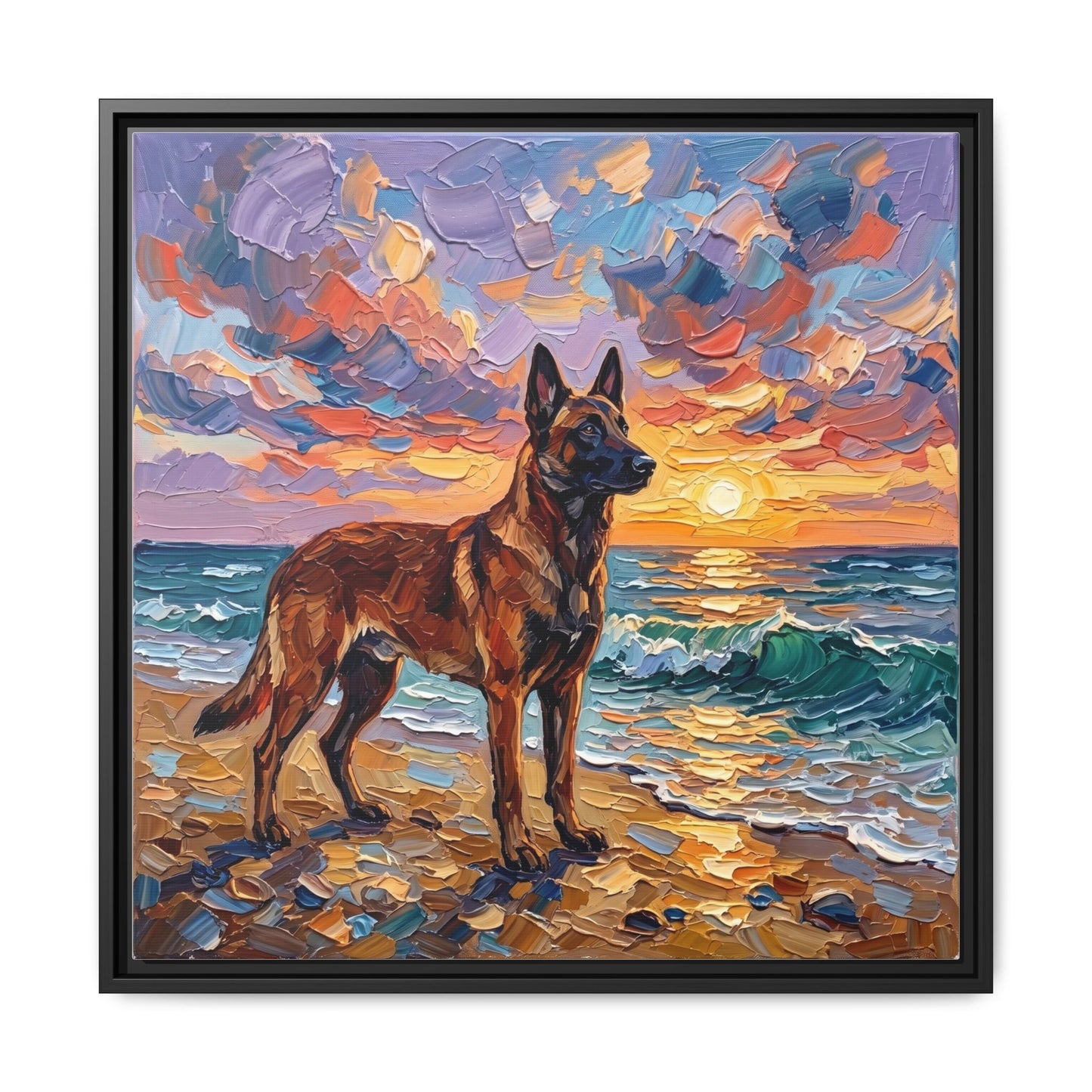 "Beach Sunset - Belgian Malinois" Framed Canvas Wall Art