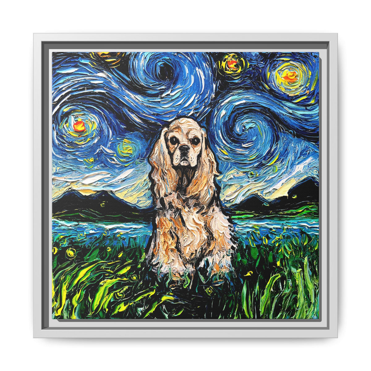 "Buff American Cocker Spaniel Night" Framed Canvas Wall Art