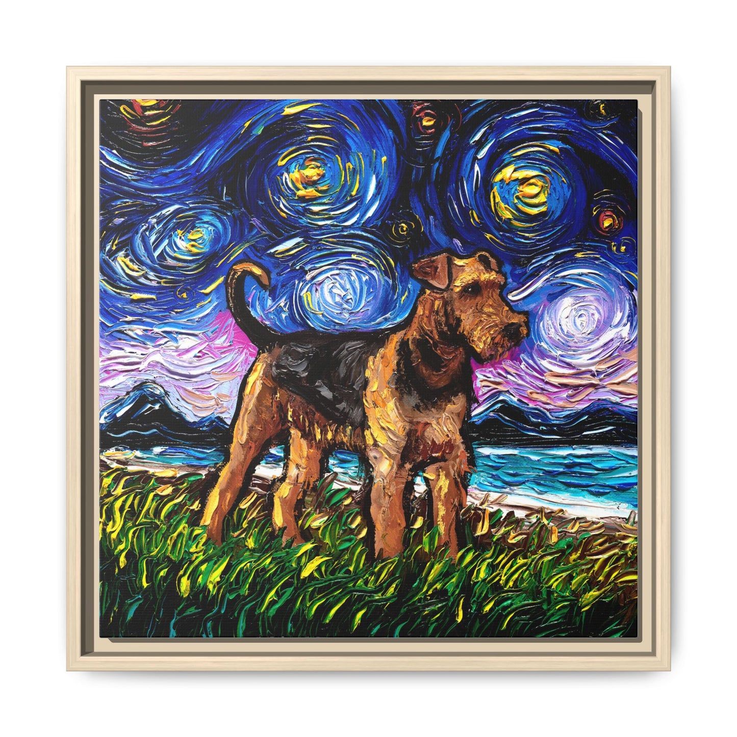 "Airedale Terrier Night" Framed Canvas Wall Art