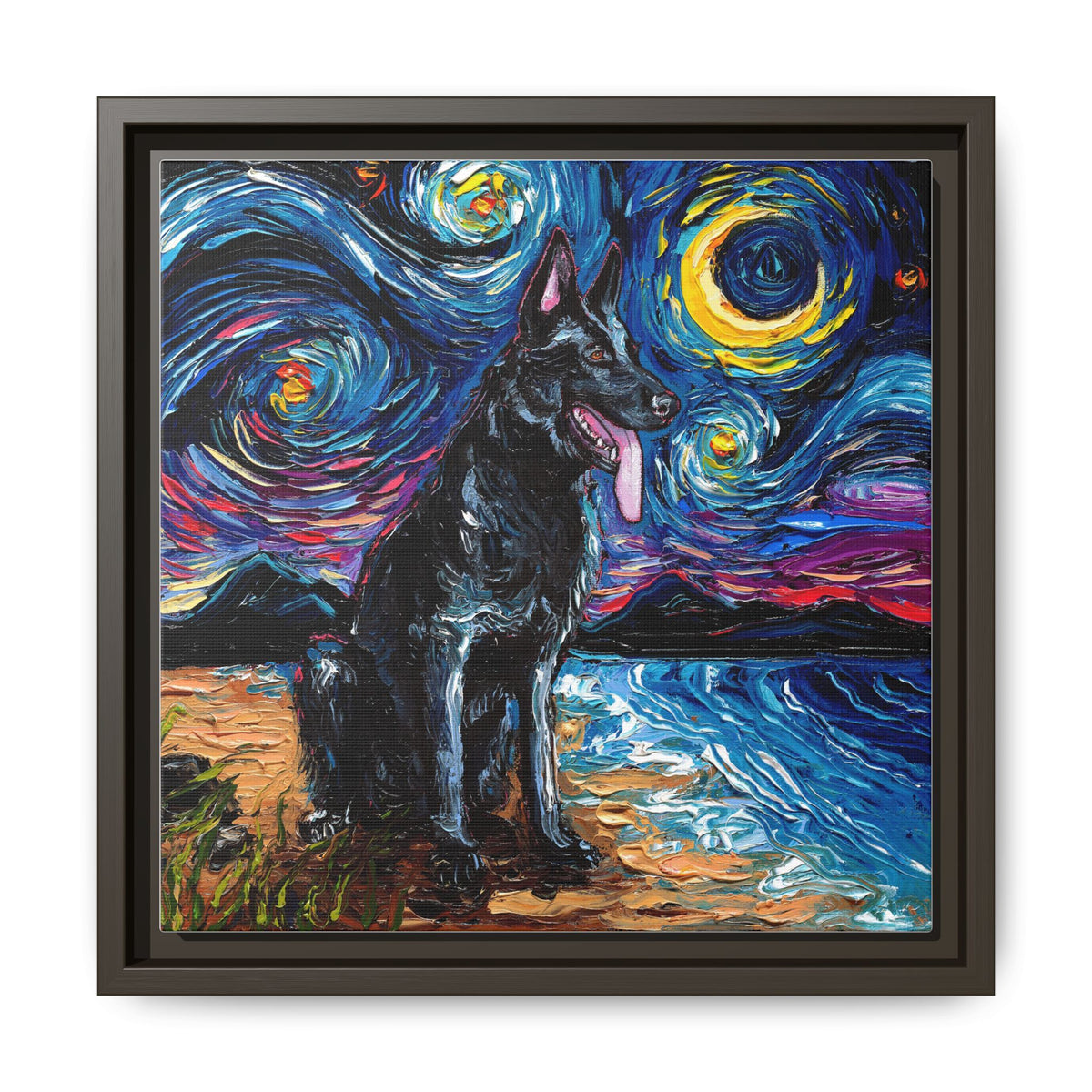 "Black German Shepherd Night" Framed Canvas Wall Art