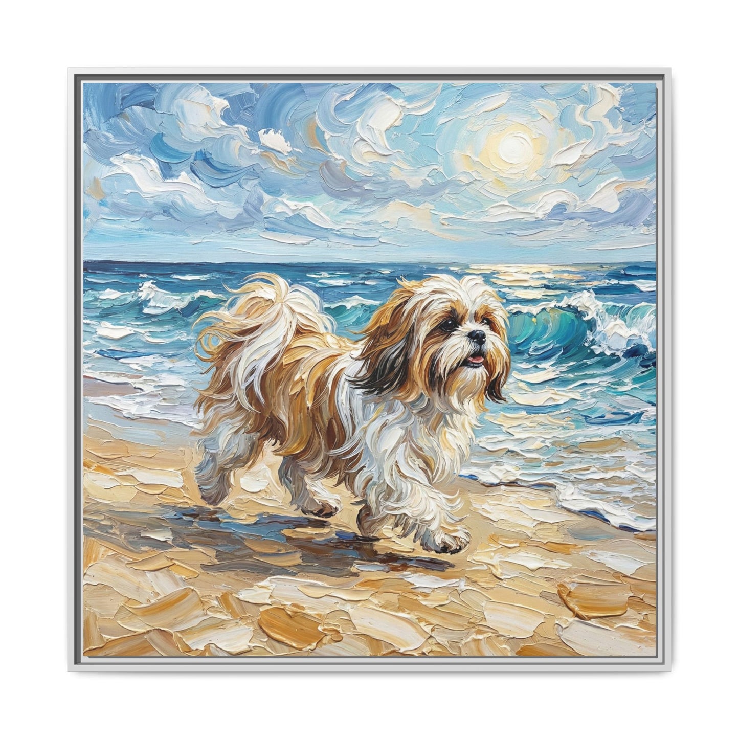 "Beach Day - Shih Tzu" Framed Canvas Wall Art
