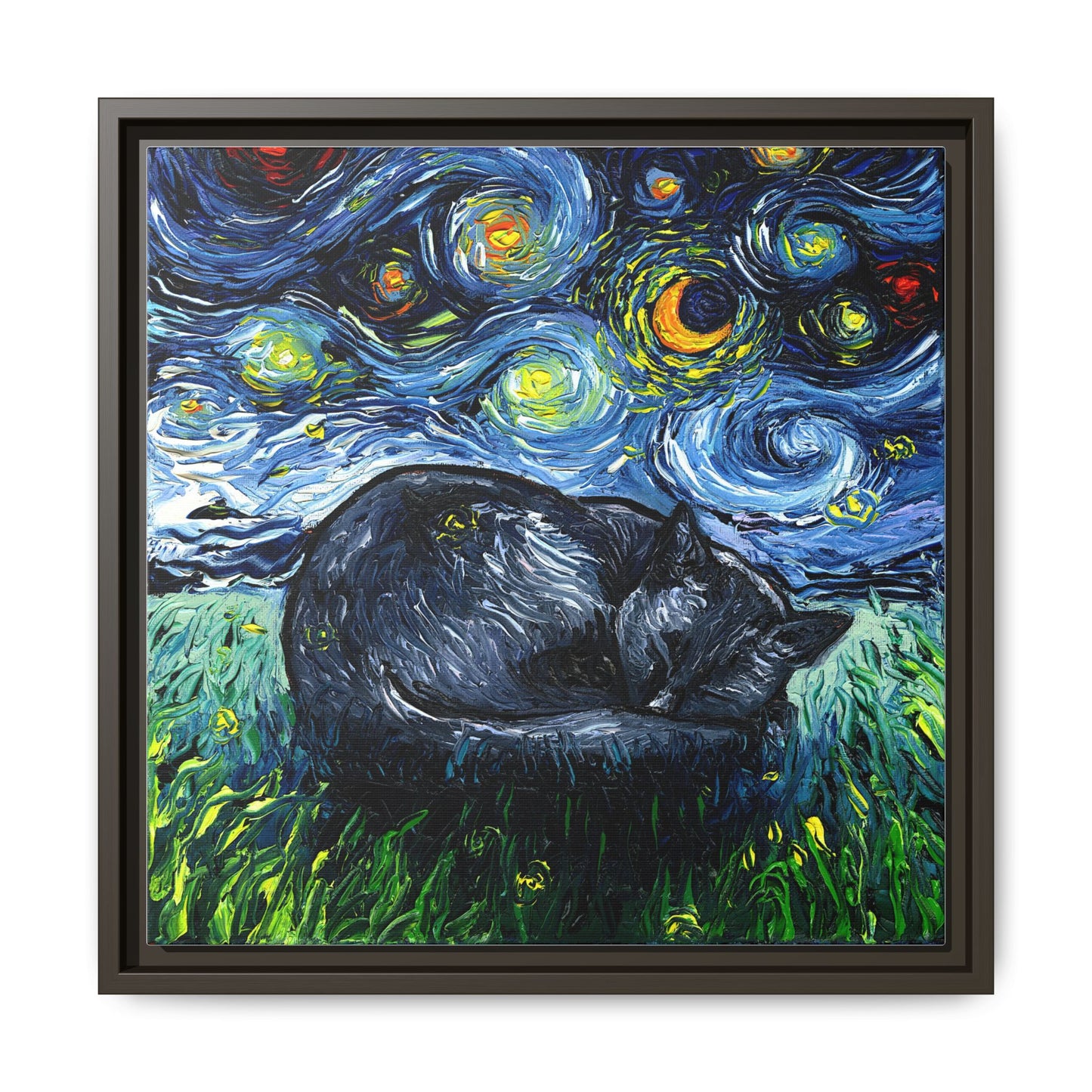 "Sleepy Black Cat Night" Framed Canvas Wall Art
