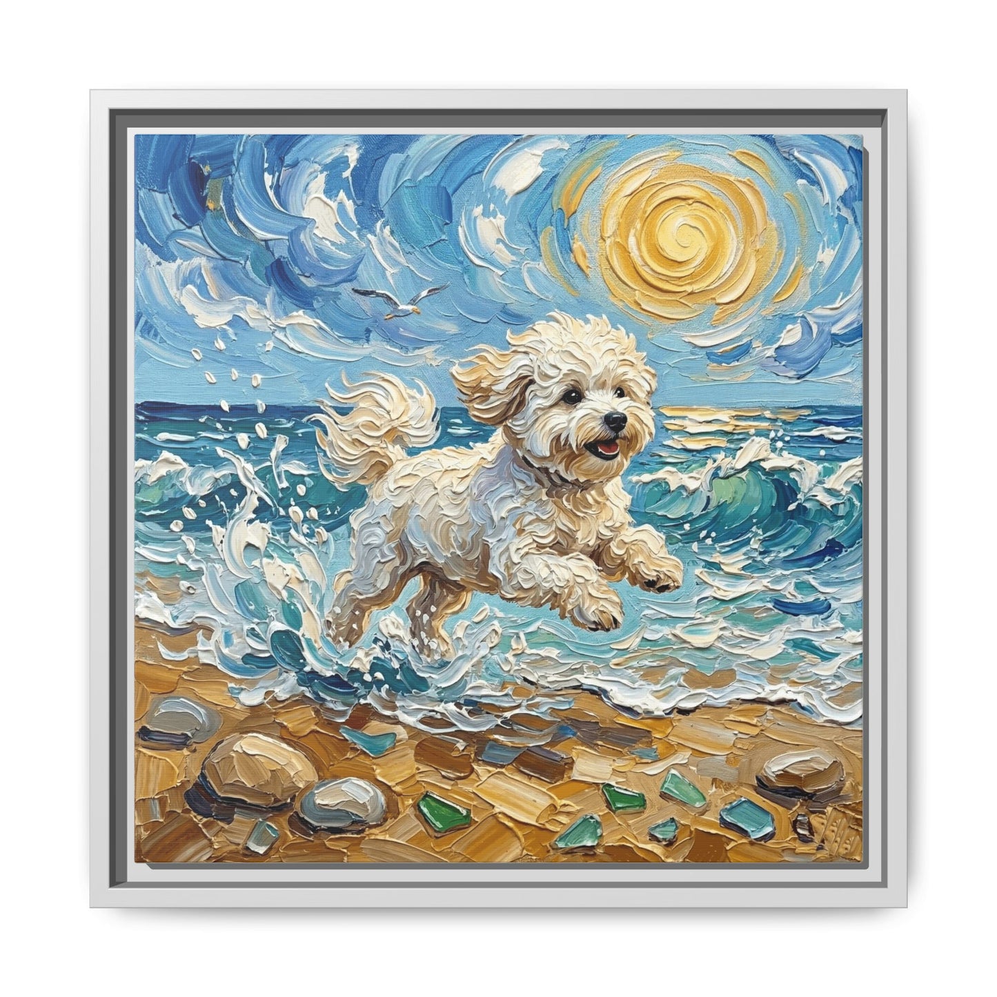 "Beach Day - Bichon Frise" Framed Canvas Wall Art