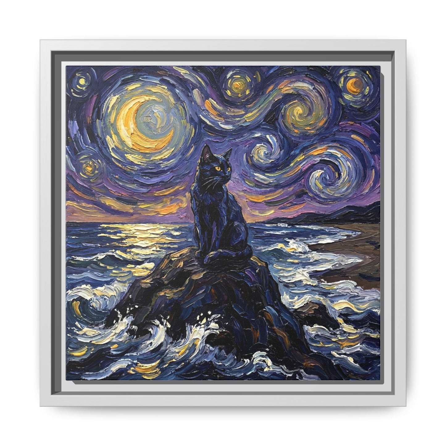 "Beach Night - Black Cat" Framed Canvas Wall Art