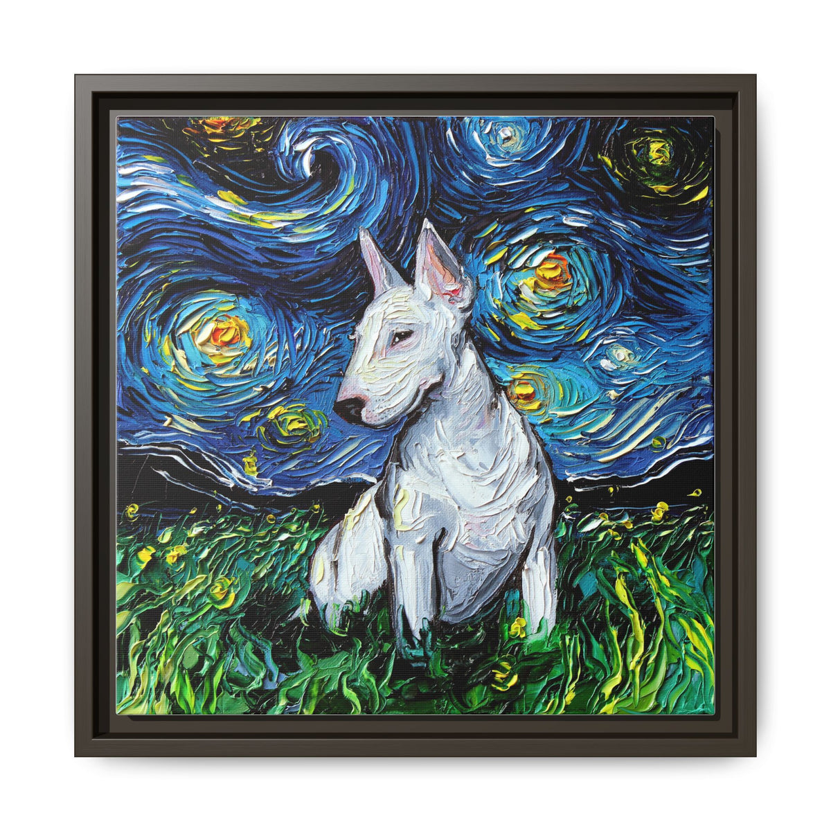 "Bull Terrier Night" Framed Canvas Wall Art