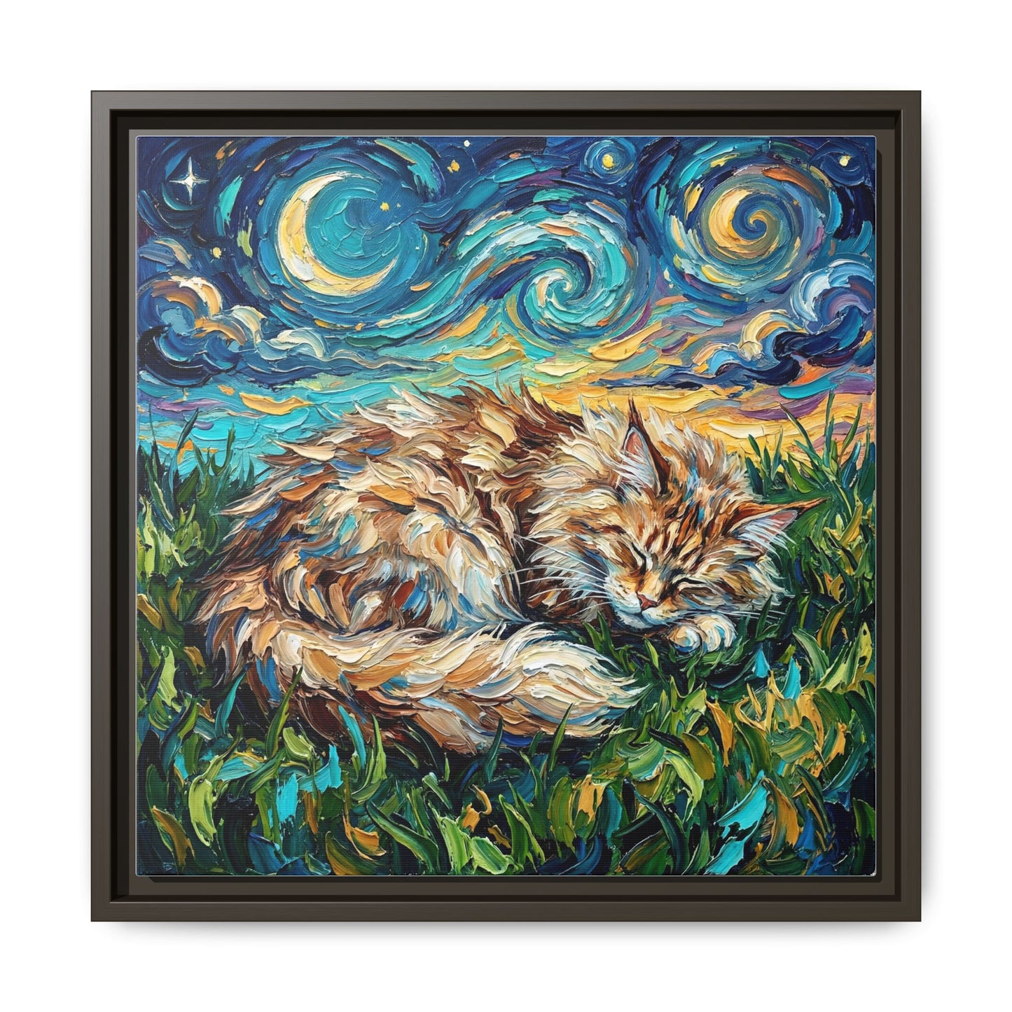 "Sleepy Maine Coon Night" Framed Canvas Wall Art