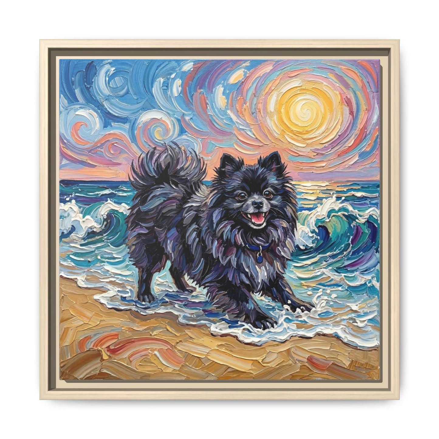 "Beach Day - Black Pomeranian" Framed Canvas Wall Art