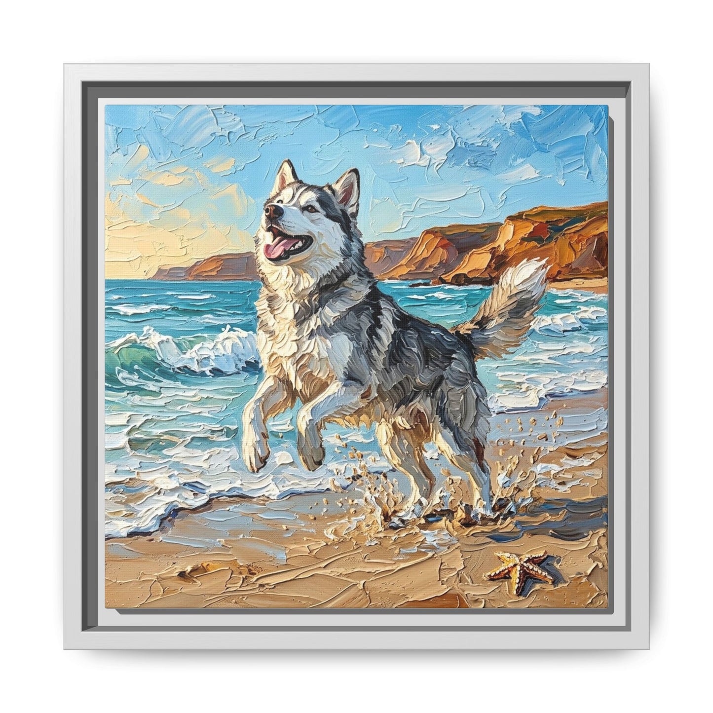 "Beach Day - Husky" Framed Canvas Wall Art