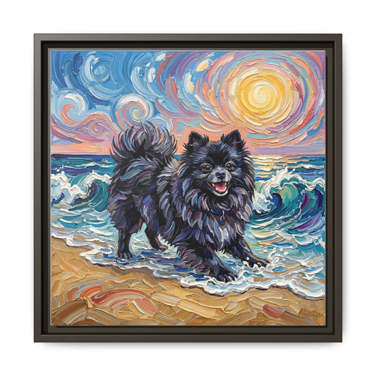 "Beach Day - Black Pomeranian" Framed Canvas Wall Art