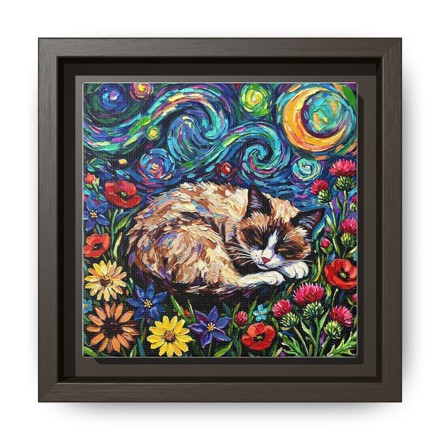 "Sleepy Snowshoe Cat Night" Framed Canvas Wall Art