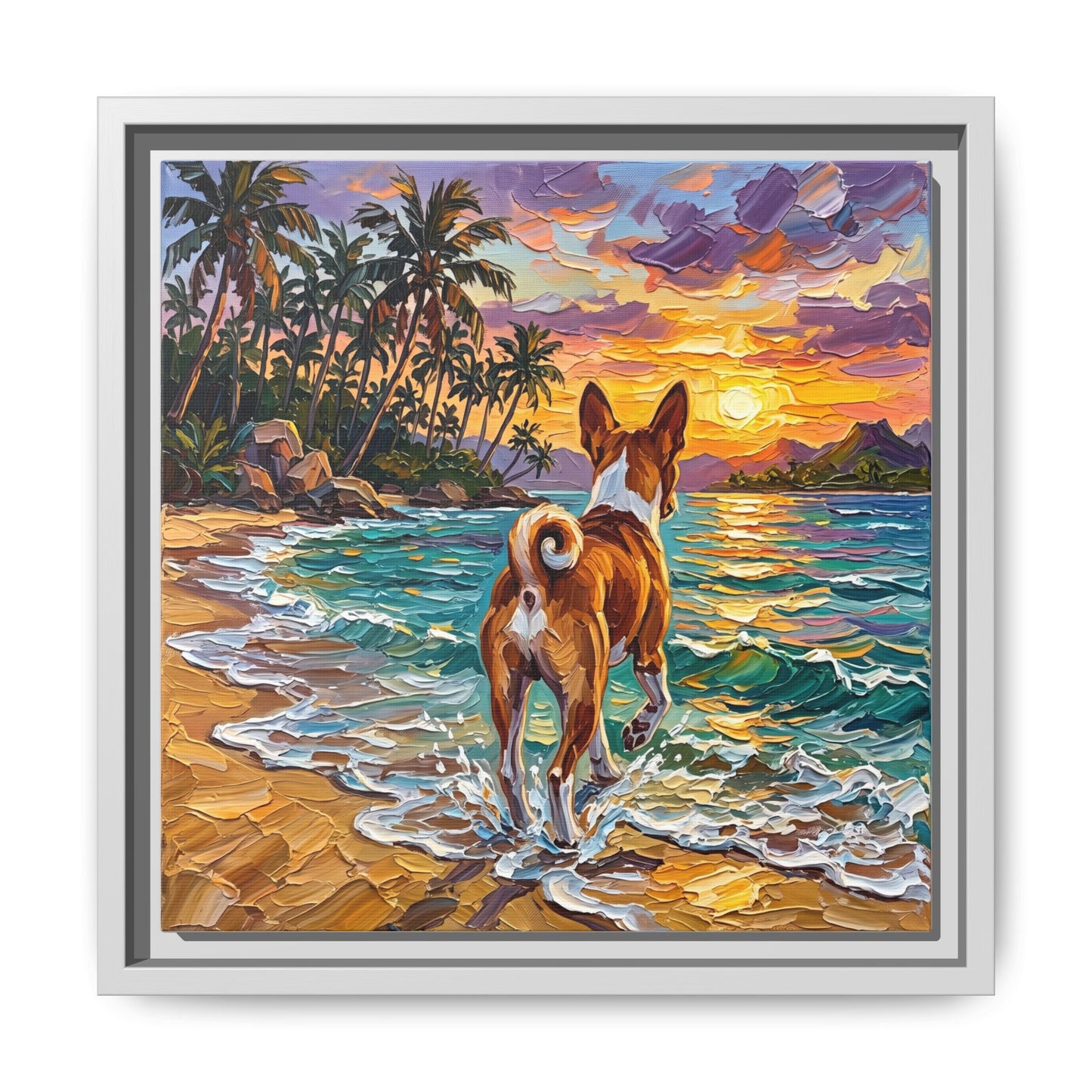 "Beach Day - Basenji" Framed Canvas Wall Art