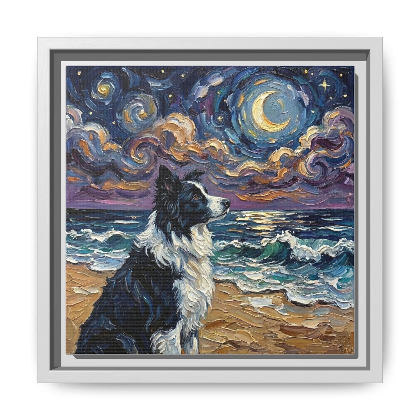 "Beach Night - Border Collie" Framed Canvas Wall Art