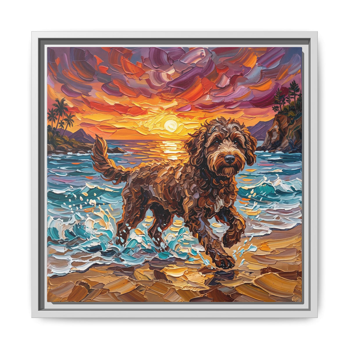"Beach Day - Brown Goldendoodle" Framed Canvas Wall Art
