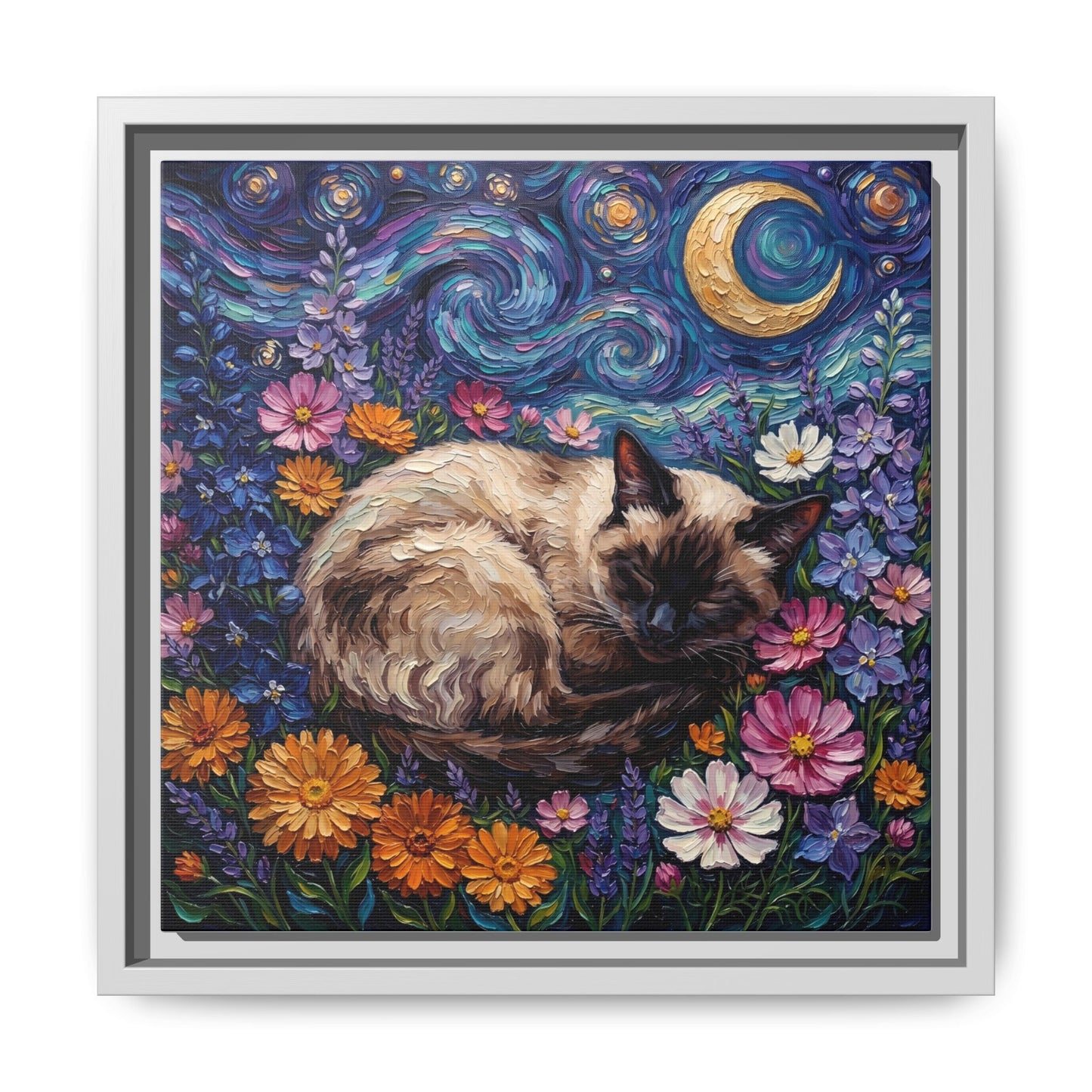 "Amongst The Flowers - Siamese Cat" Framed Canvas Wall Art