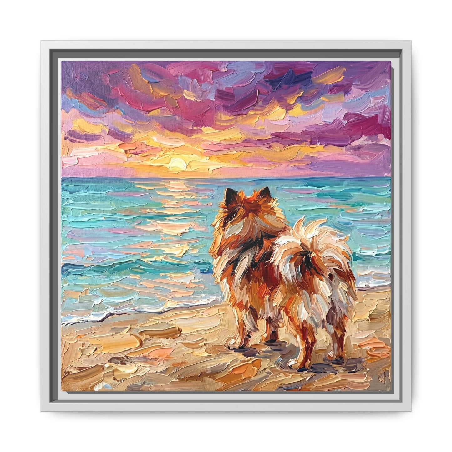 "Beach Sunset - Pomeranian" Framed Canvas Wall Art