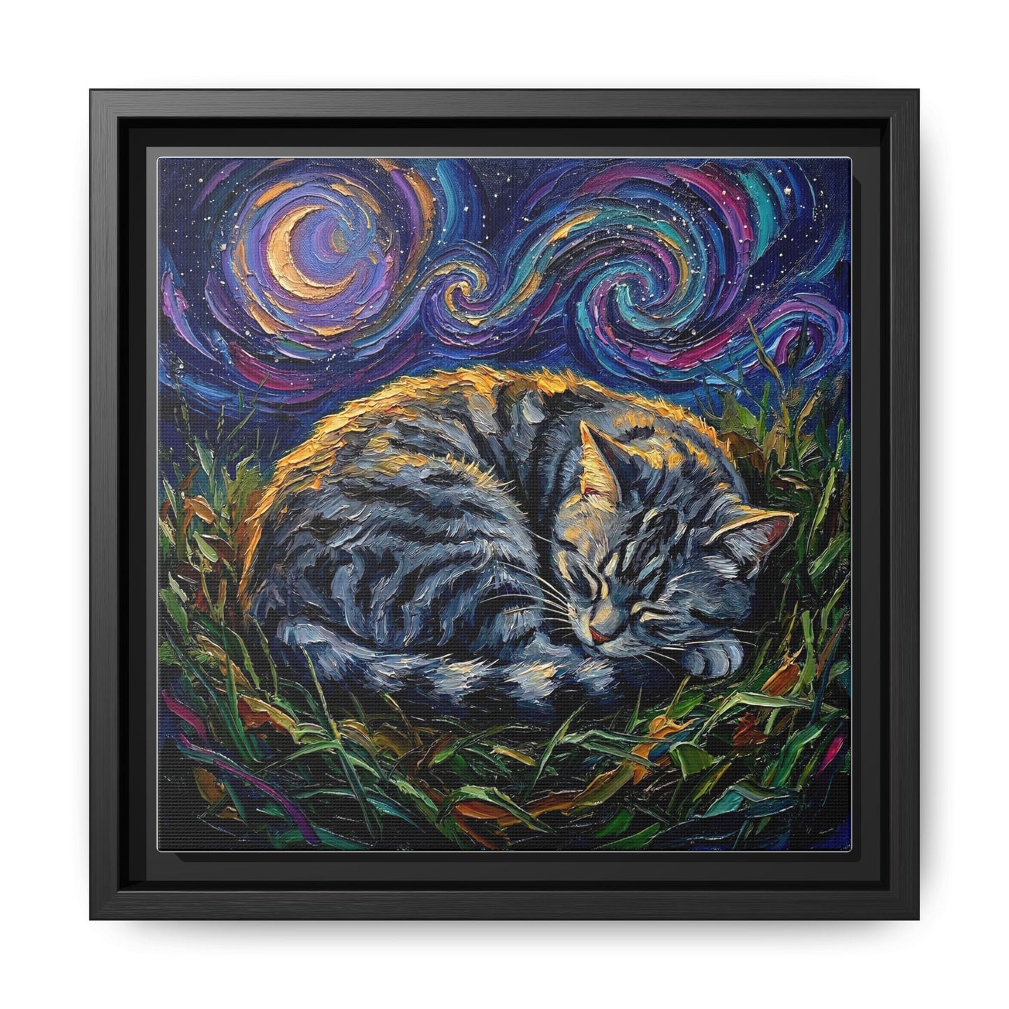 "Sleepy American Shorthair Tabby Night" Framed Canvas Wall Art